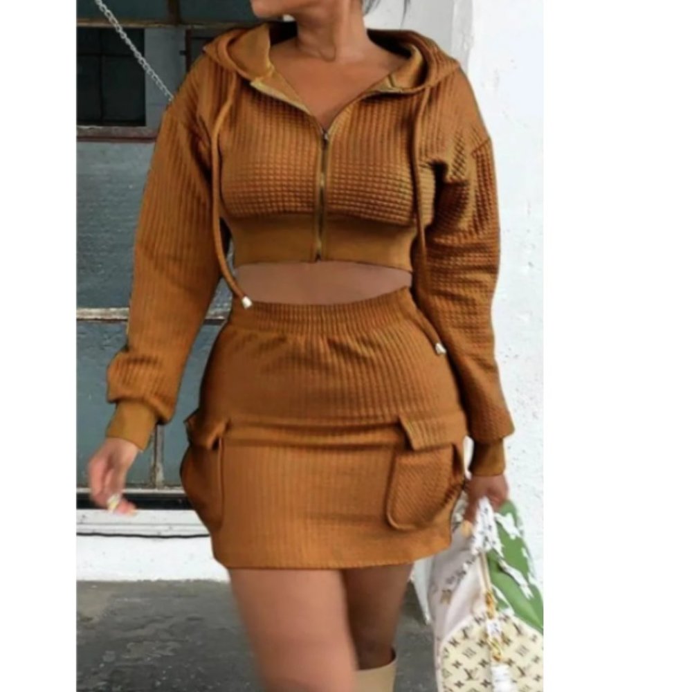 NWT Brown Waffle Knit Cropped Zip Hoodie & Mini Skirt Honey Bee Coord SET